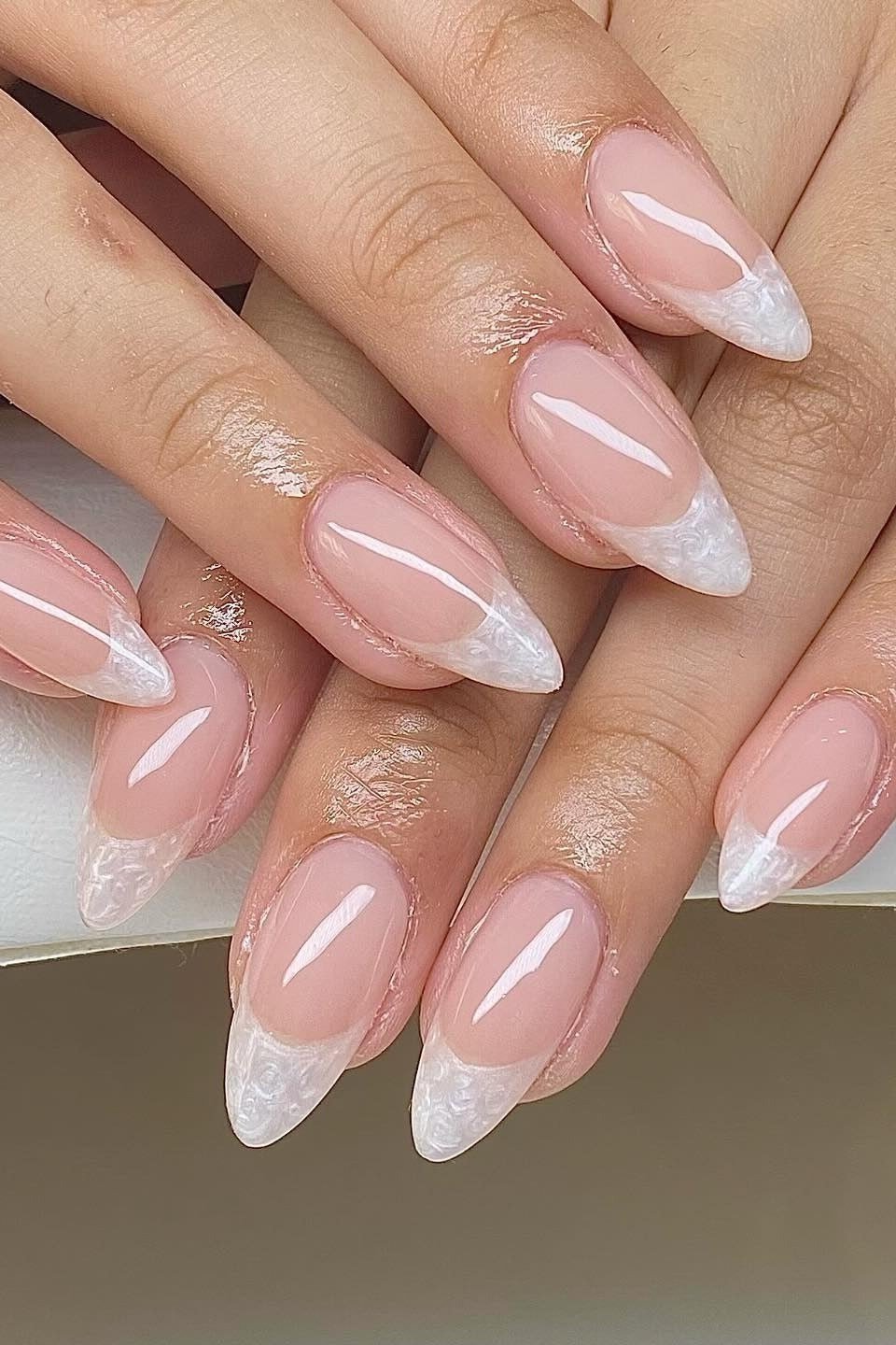 Pink French Almond Nails - pearl finish nail idea for women over 60