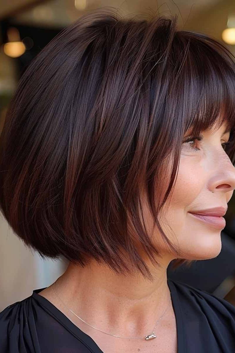 Side Dark Burgundy Layered Bob for women over 60