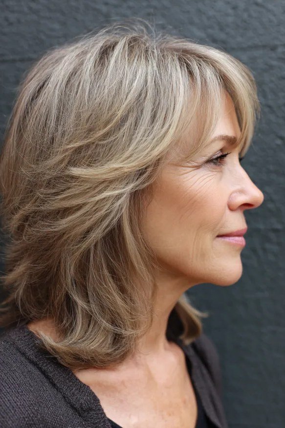 Ash-blonde shaggy medium cut with feathered layers in profile for women over 60
