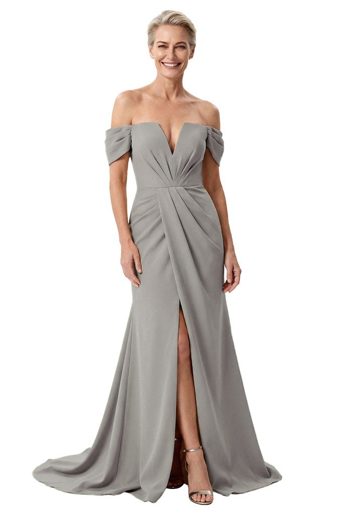 silver off-shoulder gown with front slit