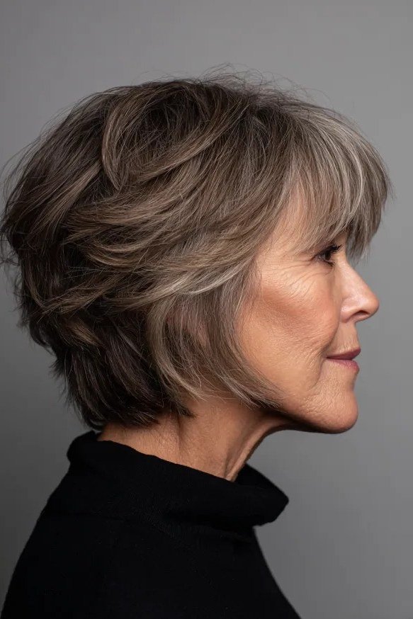 Grey Side-Profile Bob - short wavy bob hairstyle for women over 60