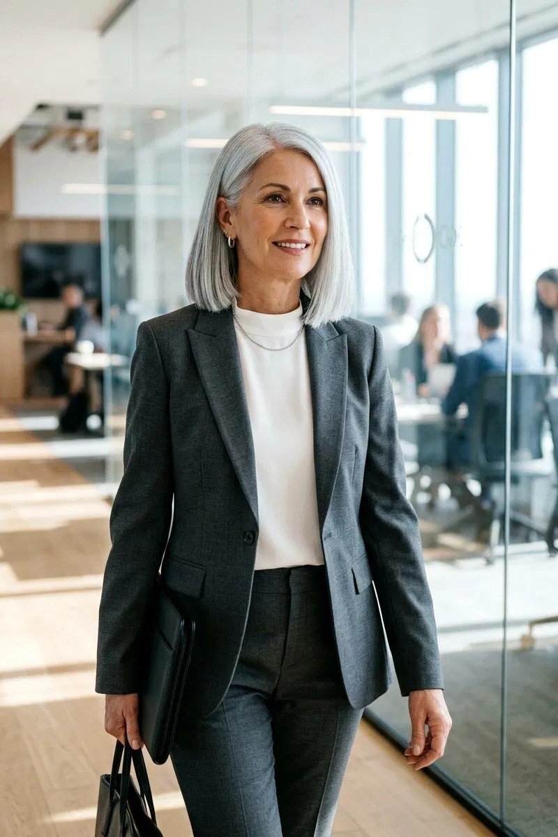 Gray blazer with a white top and dark trousers for women over 50 at work