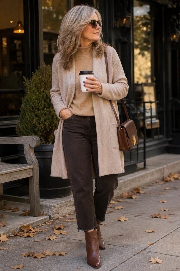 Beige Trench with Chocolate Trousers - fall outfit for women over 40