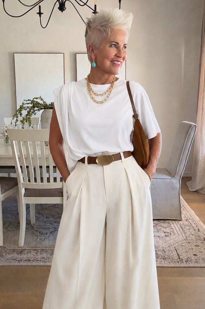 white tee cream wide leg trousers gold jewelry over 50