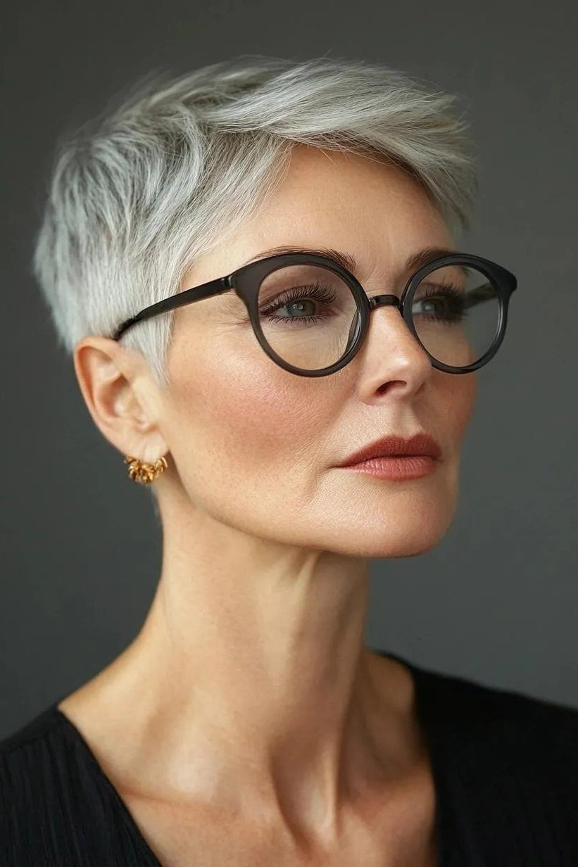 Silver pixie with glasses, front view, micro pixie cut for women over 60 going silver