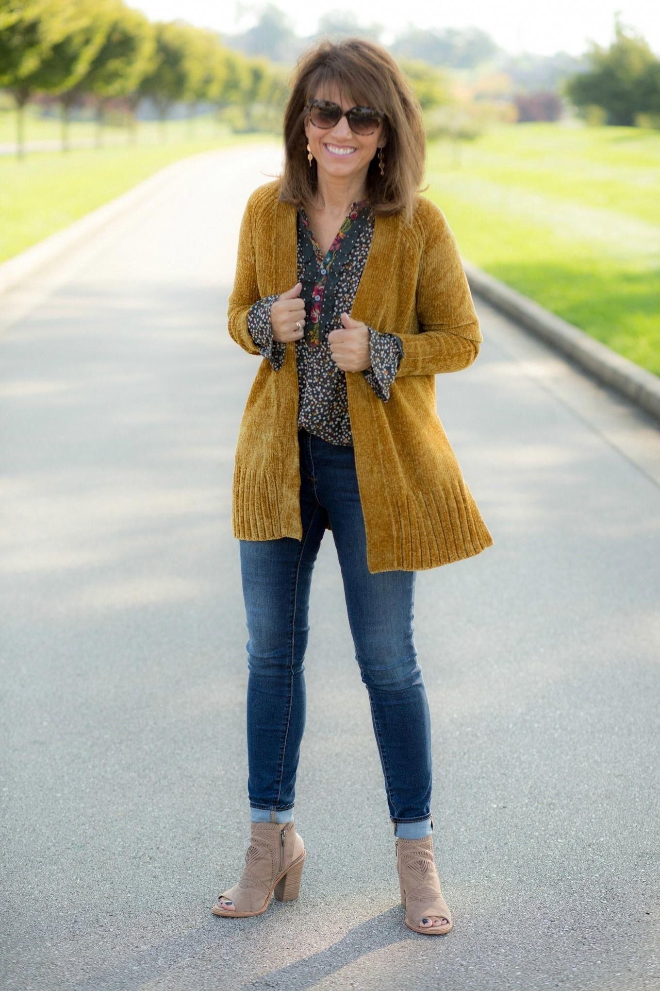 Mustard Cardigan with Dark Jeans - fall outfit idea for women over 50