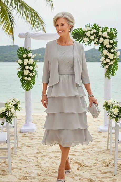 Silver Grey Tiered Chiffon Wedding Set summer outfit idea for women over 60