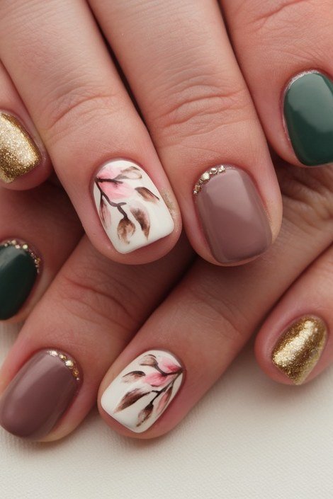 taupe sage green gold with leaf nail art - winter nail trend for older women