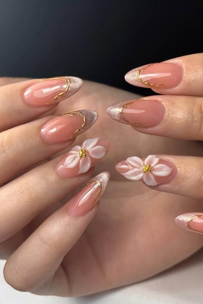 Nude pink nails with 3D white flower nail art