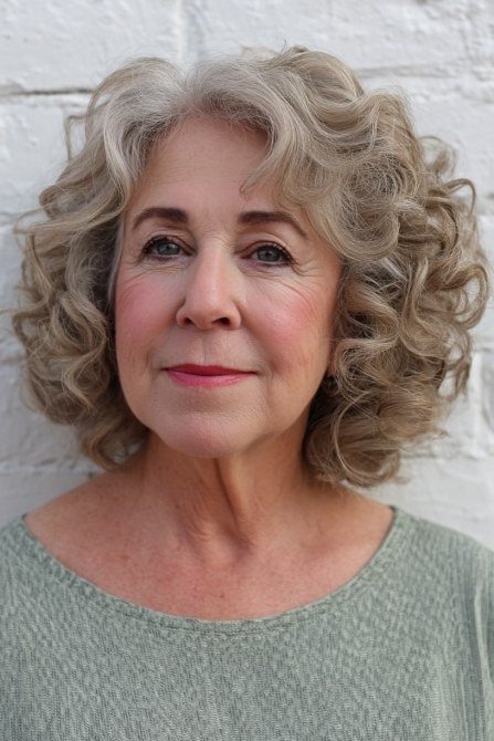 silver curly bob, front view hairstyle for women over 70