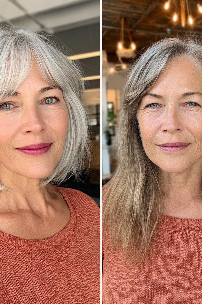 Before and after long to bob silver hair transformation, two-panel comparison, silver layered bob for women over 50