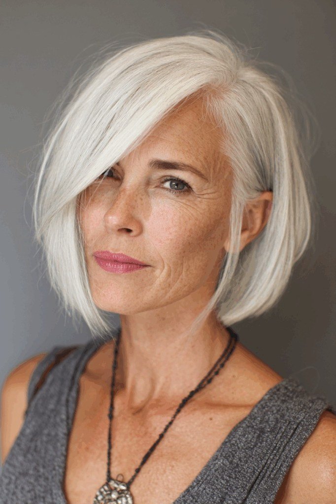 White chin-length bob haircut for women over 60