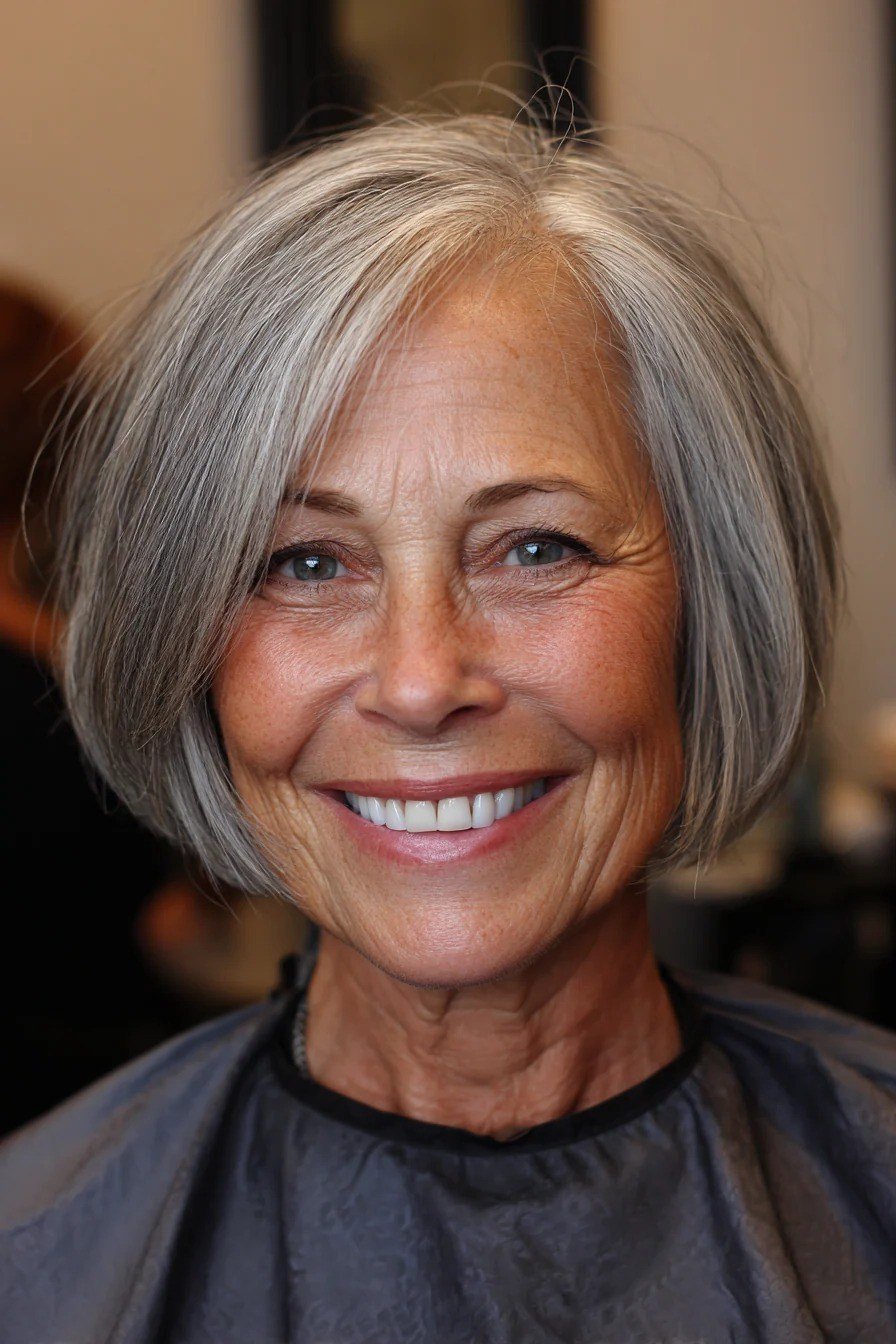 silver sleek bob, front view for women over 50