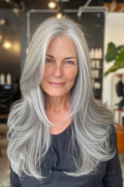 Long Layered Silver Hair - grey hairstyle for women over 60
