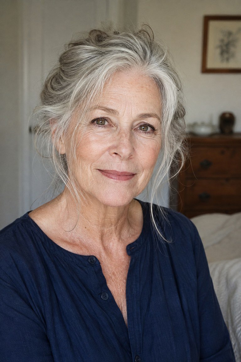 Messy silver updo with face framing pieces