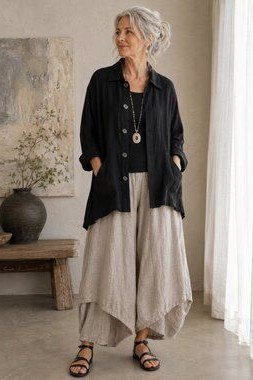 Black Shirt and Draped Linen Skirt outfit for women over 70, chic style idea 64