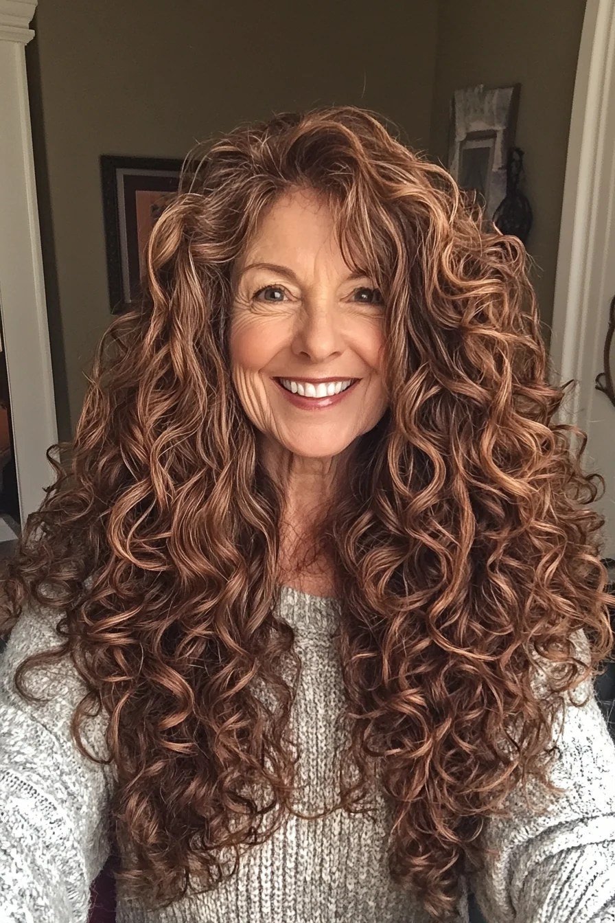 Long auburn curly hair for women over 50