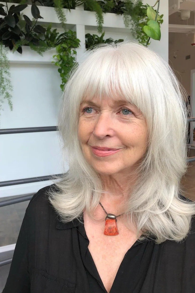 white shoulder length hair with bangs, front view