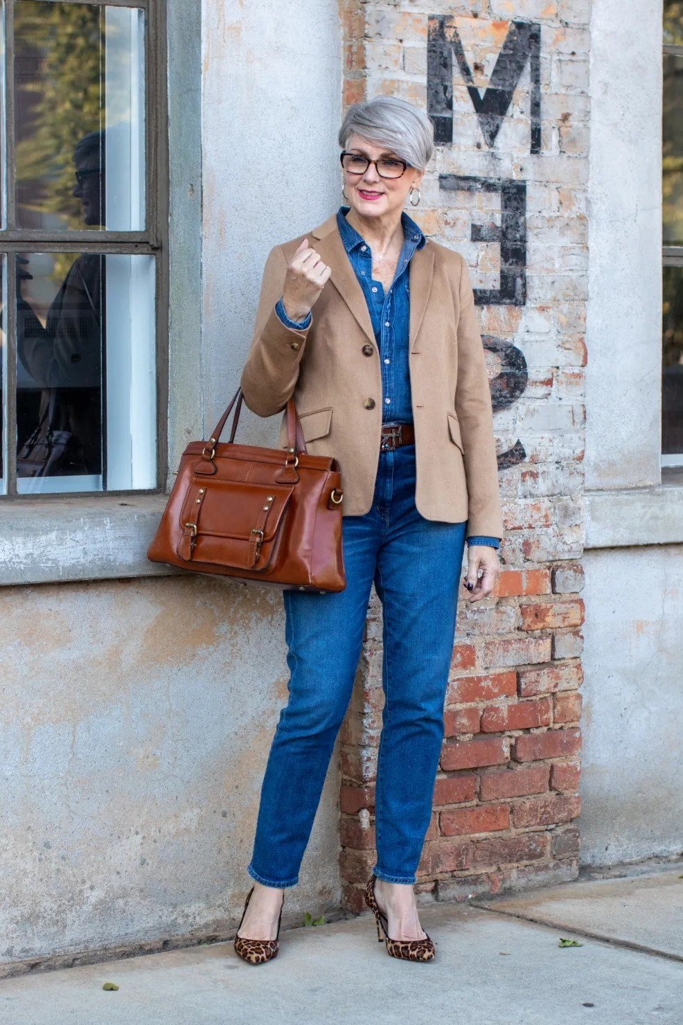 Camel blazer with denim shirt and jeans for women over 60