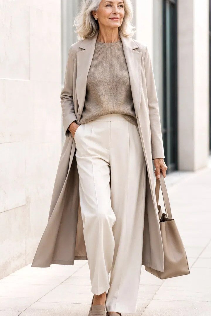 Long taupe duster coat with beige top and cream trousers for women over 50