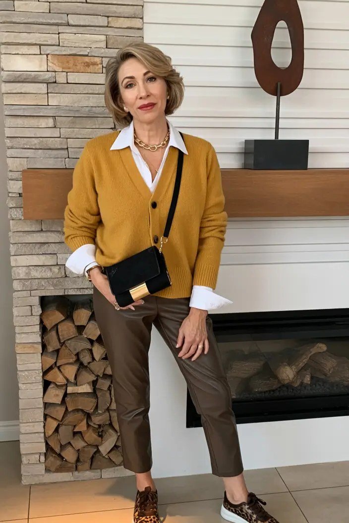 Mustard Yellow Cardigan With a White Shirt and Olive Trousers, smart casual outfit for women over 50