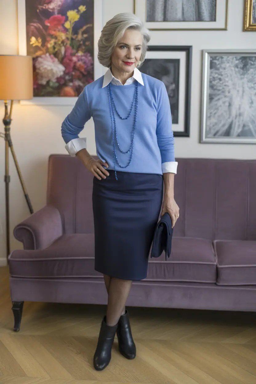 cornflower blue sweater with navy pencil skirt church outfit for women over 60