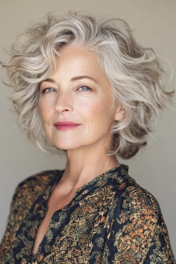 Silver Wavy Shaggy Bob - shaggy bob haircut for women over 60