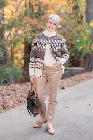 fair isle cardigan cream top beige trousers brown tote loafers women over 50