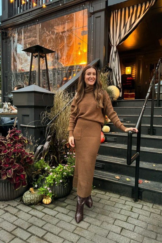 Camel knit midi dress tall boots camel turtleneck midi dress brown boots 40s outdoors - fall outfit idea for women over 40