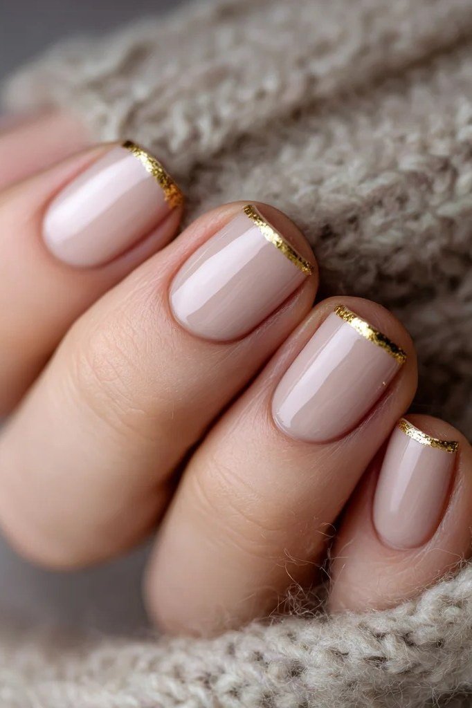 White Nude with a Gold Cuticle Cuff - short nude nail idea for women over 50