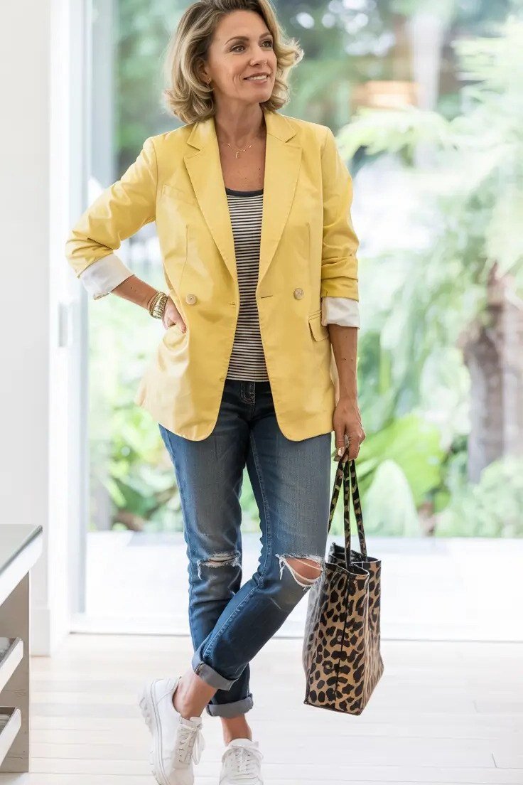 Older woman in yellow blazer with ripped knee jeans and leopard tote