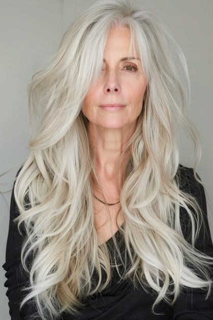 Long white loose waves for women over 50
