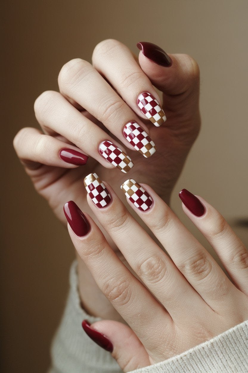 65. Burgundy Nails With Gingham Check - Thanksgiving nail art idea for women over 50