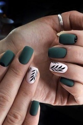 Deep Green With Leaf Art - short nail design for women over 60 that makes nails look longer