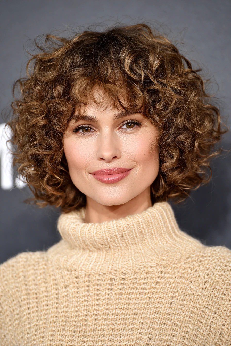 Brown curly bob with bangs front view - curly hairstyle for women over 60