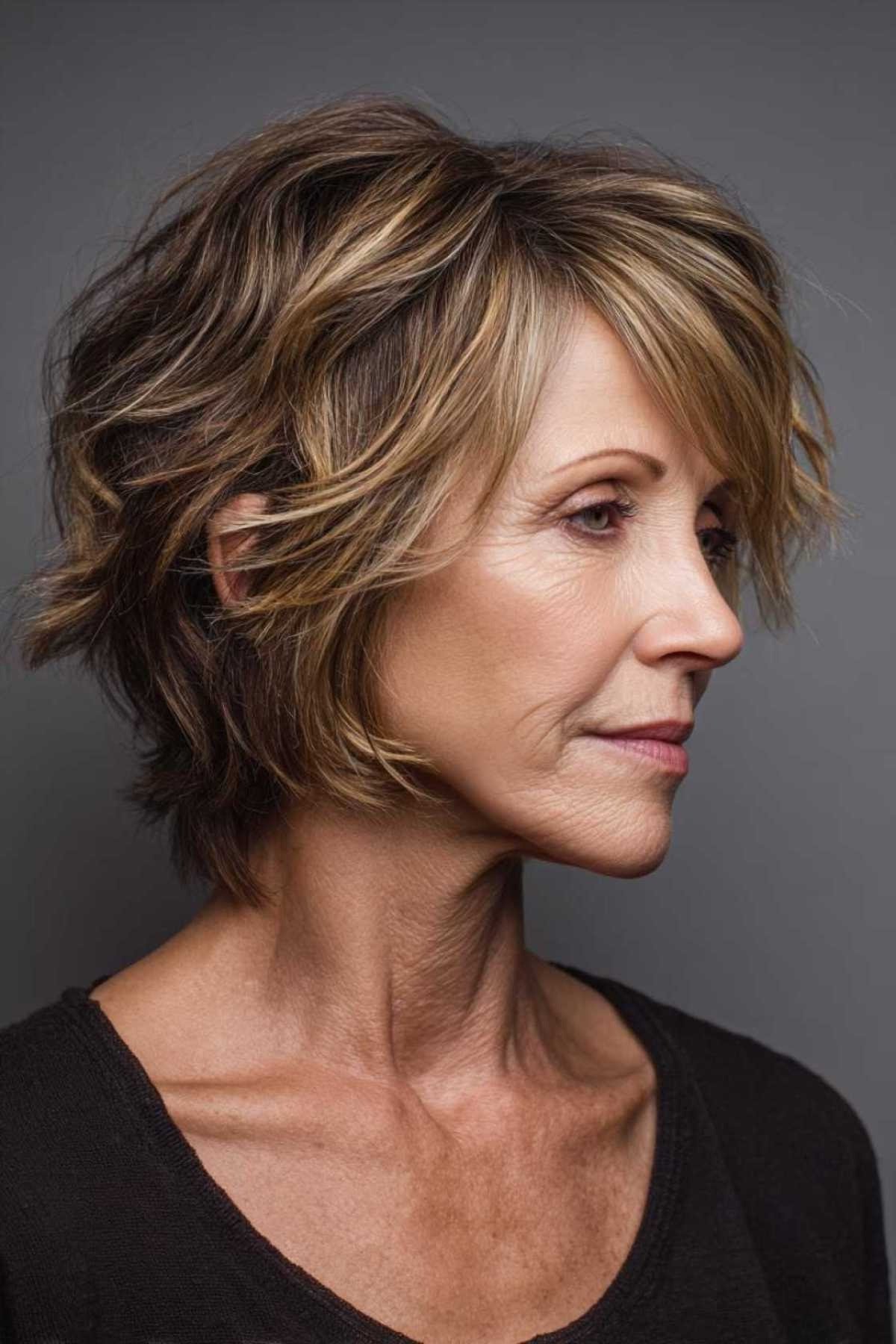 Warm Brown Side Bob - short wavy bob hairstyle for women over 60