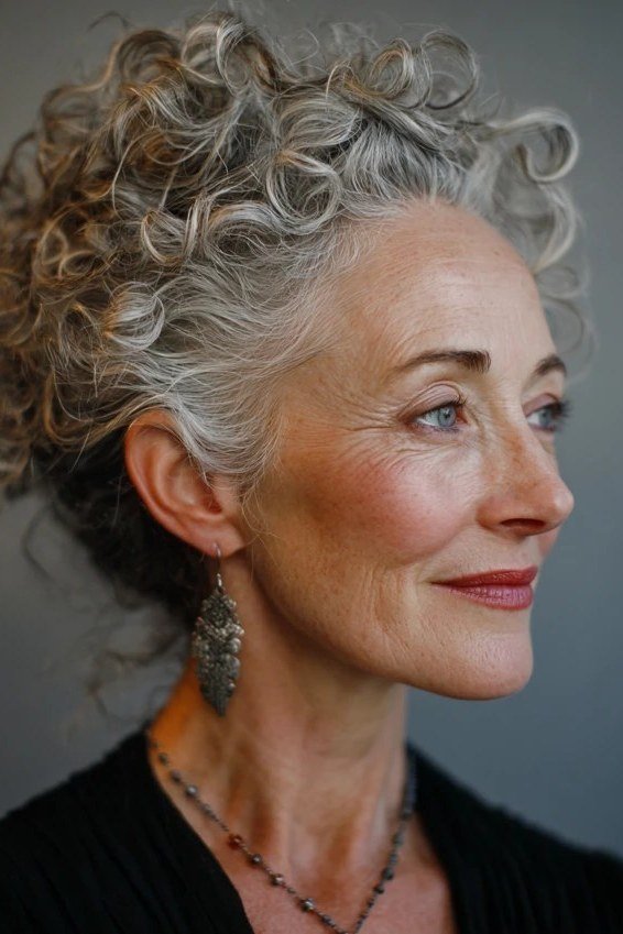 Curly Silver Updo hairstyle for women over 60