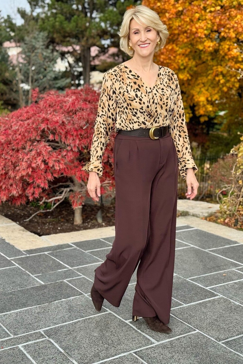 Leopard Blouse with Burgundy Wide Pants - fall outfit for women over 40
