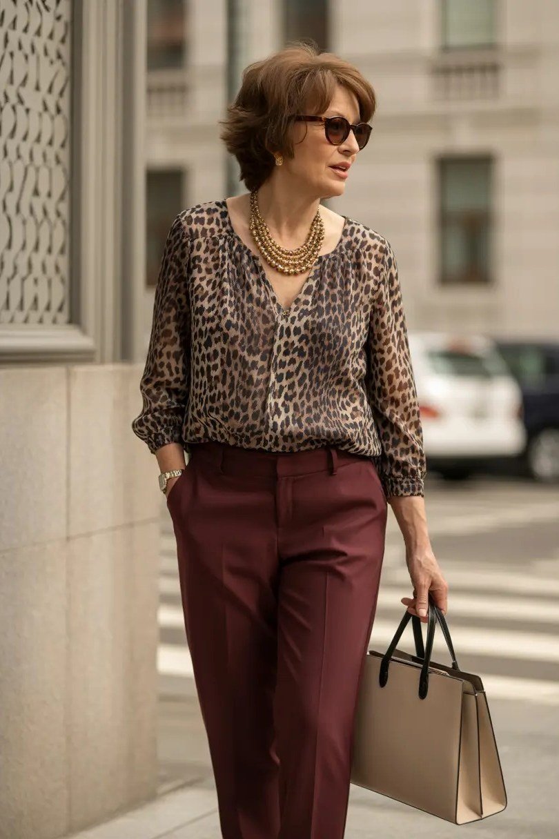 leopard print blouse with burgundy trousers, fearless chic outfit for women over 50