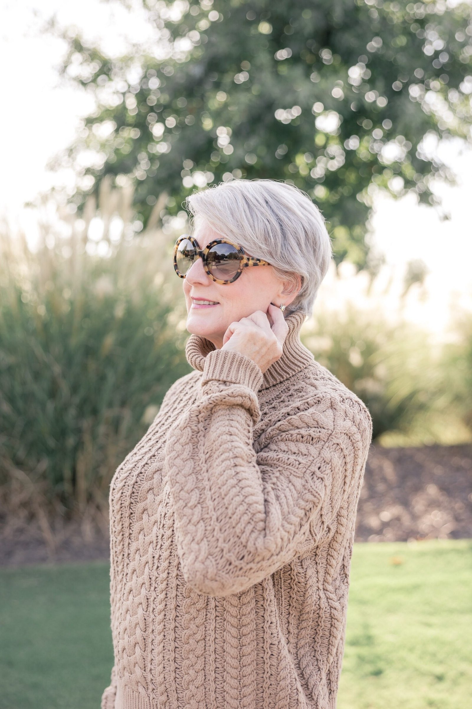 beige cable knit turtleneck women over 50