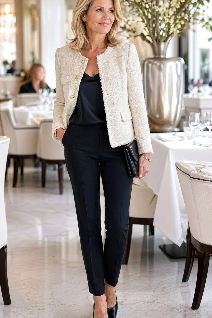 Woman over 50 wearing Cream tweed jacket with black top and black pants at a restaurant.