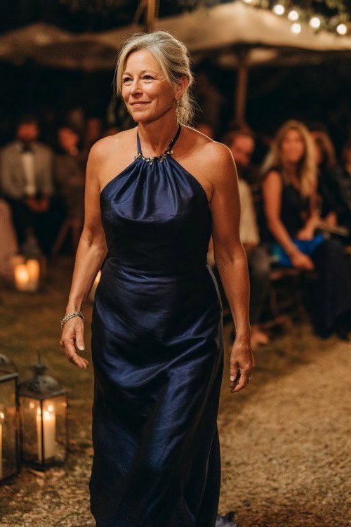 Navy Satin Halter Evening Gown summer outfit idea for women over 60