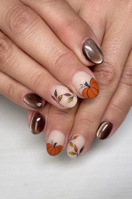 Chocolate Brown with Pumpkin Art nail design for women over 40