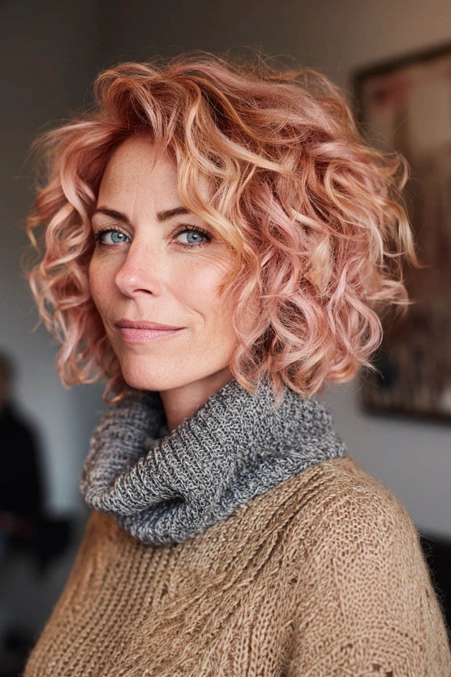 Copper-Pink Curly Bob - short curly hairstyle for women over 60
