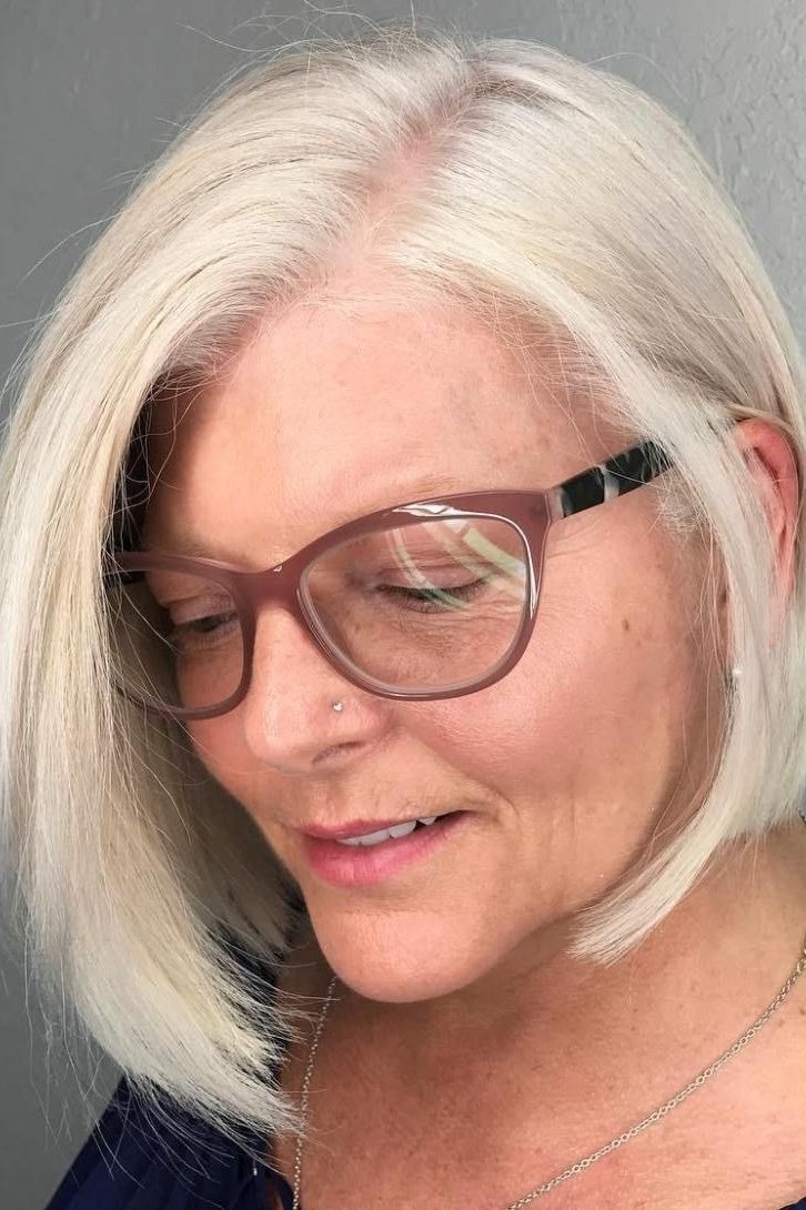 platinum sleek bob, three-quarter view, glasses for women over 50