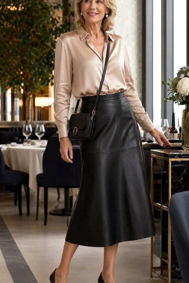 blush blouse with black satin midi skirt for women over 50