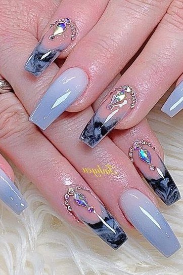 Periwinkle blue ombre with marble art, long coffin nails, ombre nail design for women over 60