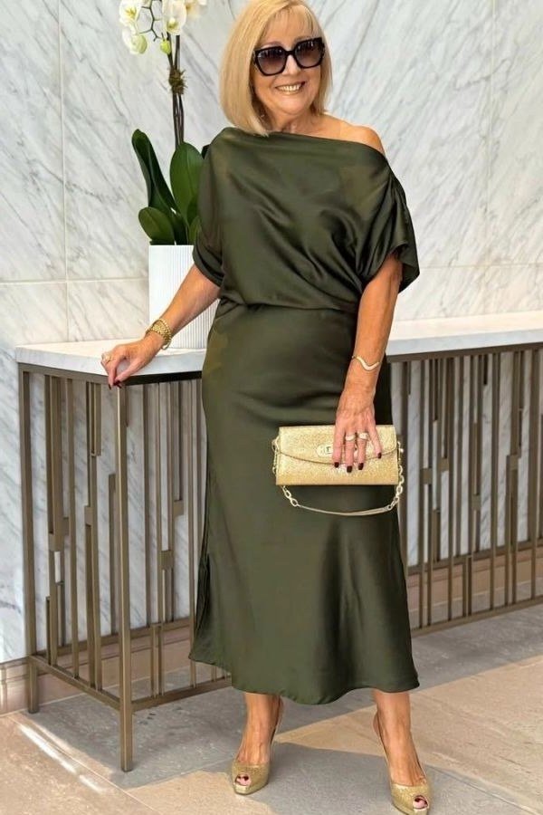 Olive One-Shoulder Satin Midi Dress - evening outfit for women over 60