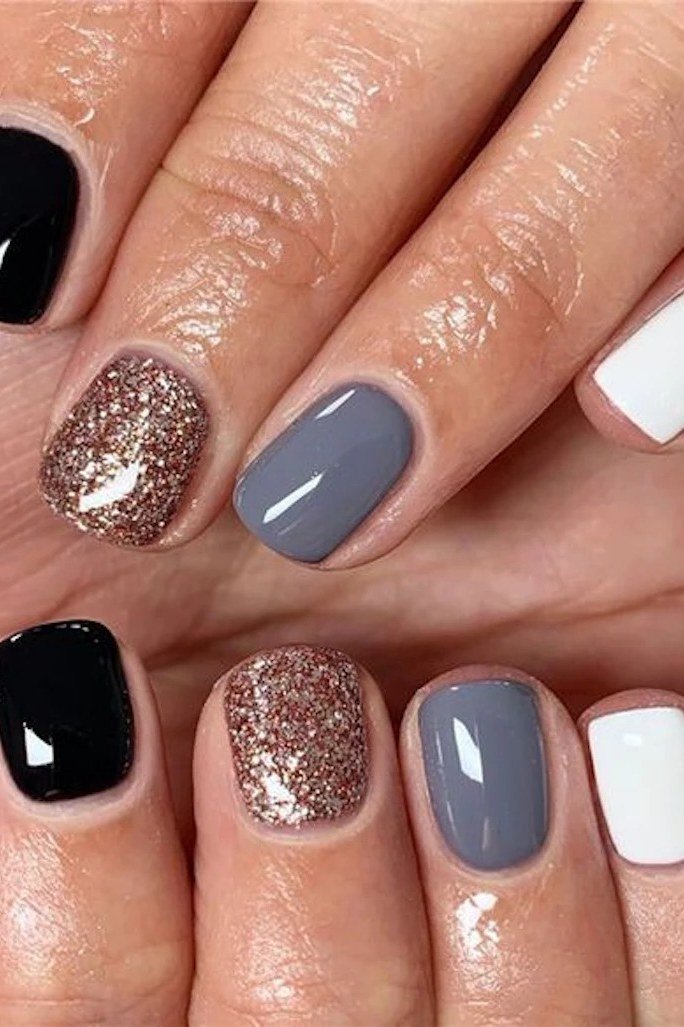 White, Gray and Black Glitter Geometric - short nail design for women over 40