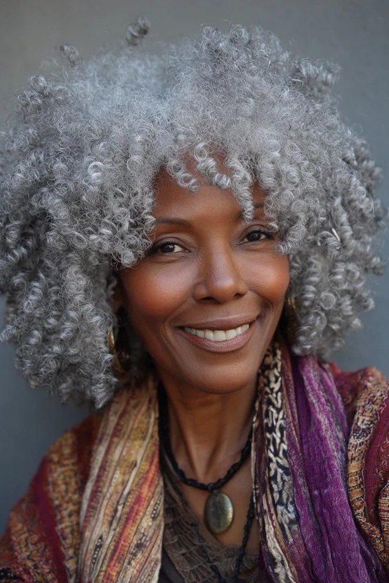 Silver curly afro for older Black women